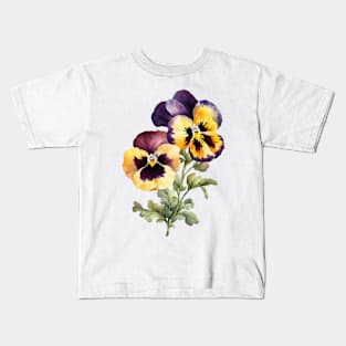 Vintage Pansy Bouquet Yellow & Purple Watercolor Flowers Kids T-Shirt